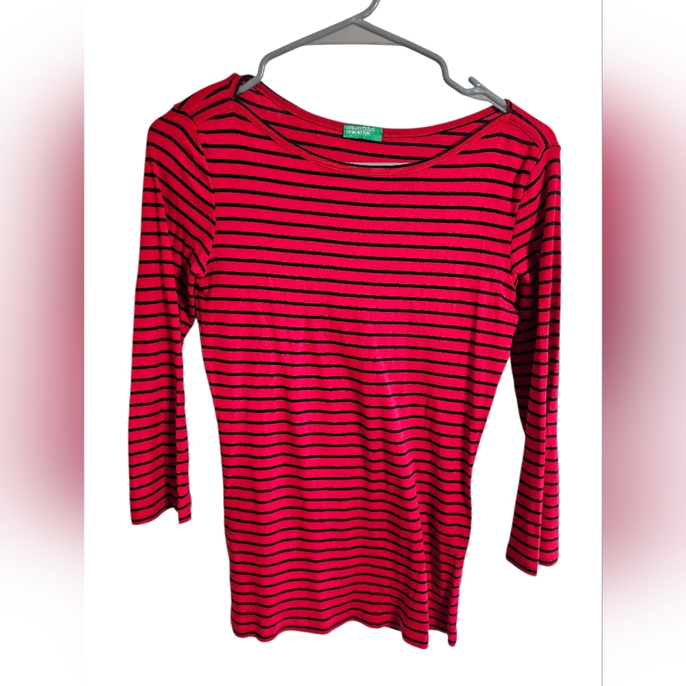 United Colors of Benetton Women S Red Black Striped Cotton Top Archival Rare - Picture 2 of 8